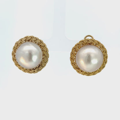 14K Yellow Gold Mabé Pearl Earrings with Braided Gold Surround – French Clips