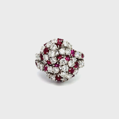 1950's 18K White Gold Ladies Dome Diamond & Ruby Ring