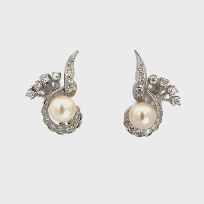 14K White Gold Diamond Pearl Leaf Scroll Clip-On Earrings Vintage
