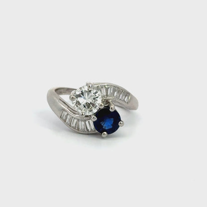 Platinum Diamond and Sapphire Toi et Moi Bypass Ring