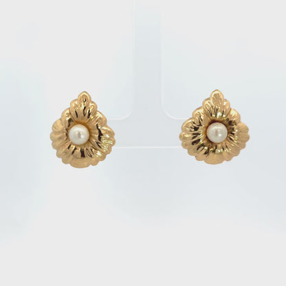 Vintage 14K Yellow Gold Pearl Leaf Earrings
