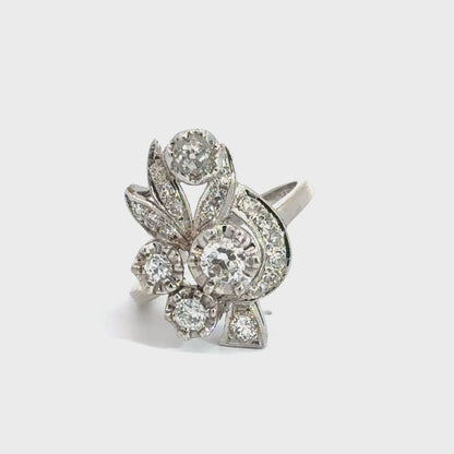 Vintage 14K White Gold Diamond Floral Bouquet Ring