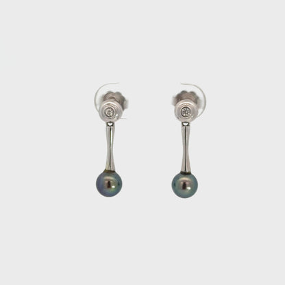 Modern 14K White Gold Black Pearl & Diamond Drop Earrings