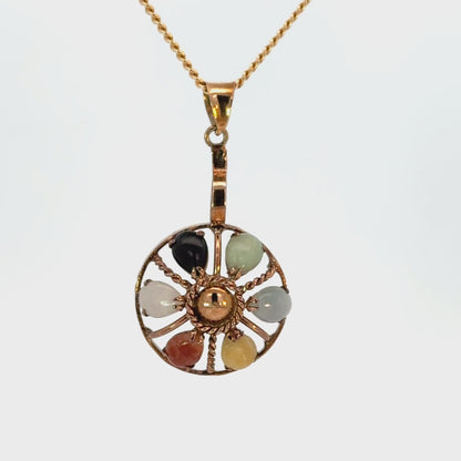 Vintage 14K Yellow Gold Multi-Color Jade Sunburst Pendant