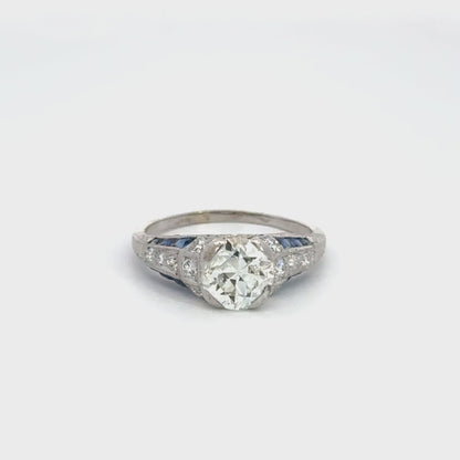 Antique Art Deco Platinum Old European Cut Diamond & Sapphire Engagement Ring