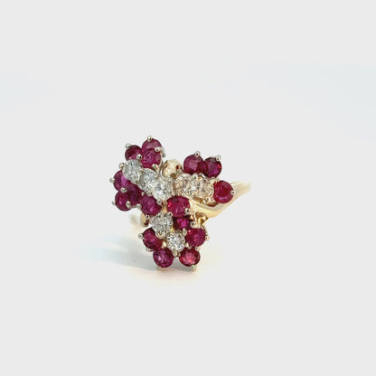 Vintage 14K Yellow & White Gold Ruby Diamond Cocktail Ring | Estate Fine Jewelry