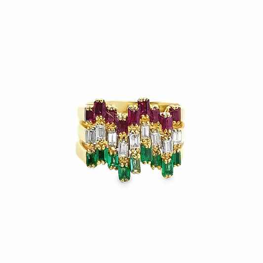 18K Yellow Gold Stackable Diamond, Emerald & Ruby Wave Ring