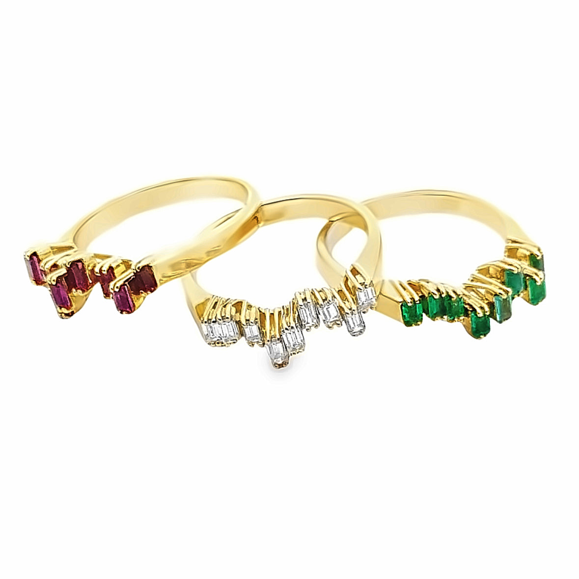 18K Yellow Gold Stackable Diamond, Emerald & Ruby Wave Ring