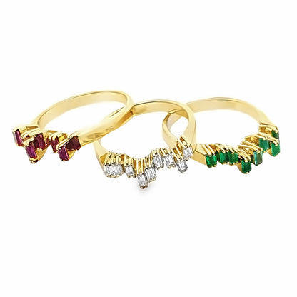 18K Yellow Gold Stackable Diamond, Emerald & Ruby Wave Ring