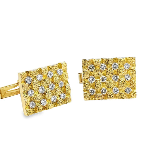 18K Textured Yellow Gold & Diamond Cuff Links